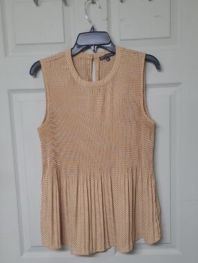 Adrianna Papell Sleeveless Beige Polka Dot Peplum Top Large